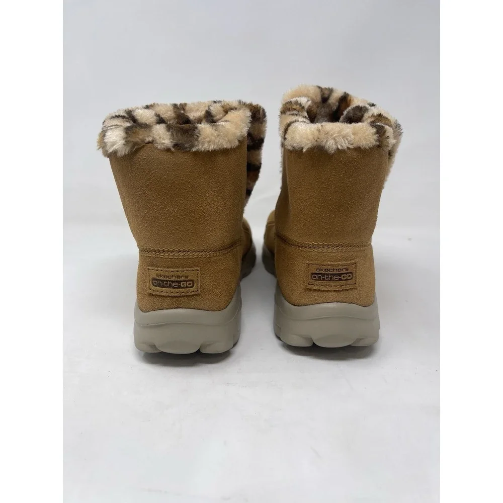 Skechers Boots Chestnut & Leopard Goga Mat On The Go Suede Faux Fur Lined Size 8